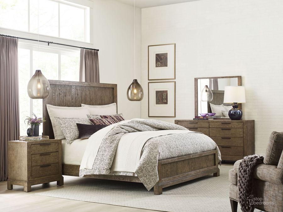 The appearance of Skyline Smoke Trenton Panel Bedroom Set designed by American Drew in the transitional interior design. This brown piece of furniture  was selected by 1StopBedrooms from Skyline Collection to add a touch of cosiness and style into your home. Sku: 010-304R;010-420. Material: Wood. Product Type: Bedroom Set. Bed Size: Queen. Image1