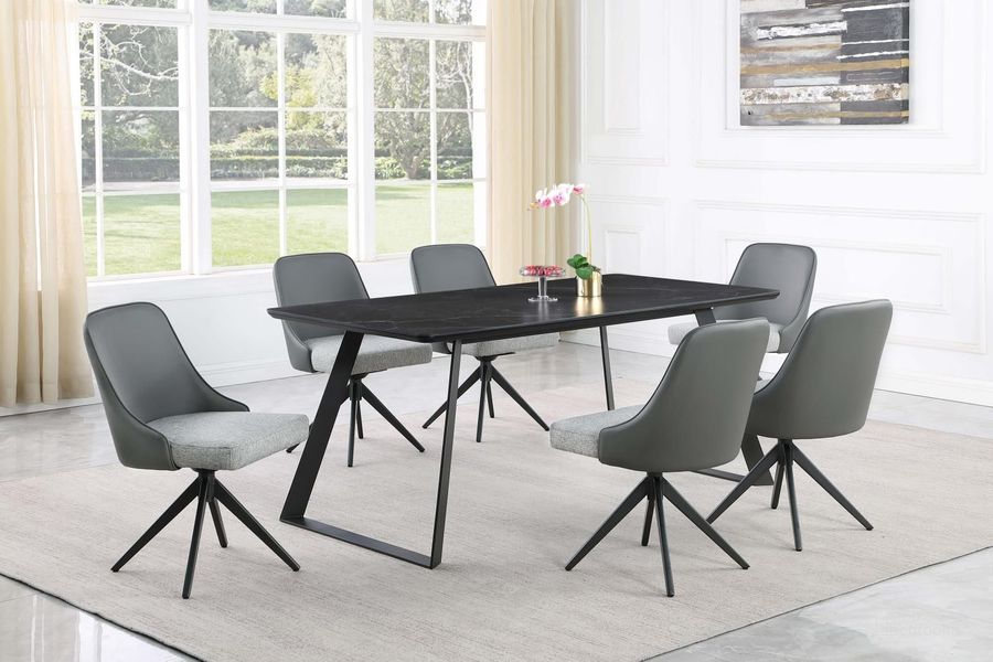 The appearance of Smith Black And Gunmetal Ceramic Top Rectangle Dining Room Set designed by Coaster in the modern / contemporary interior design. This black piece of furniture  was selected by 1StopBedrooms from Smith Collection to add a touch of cosiness and style into your home. Sku: 115231B1;115231B2;110712B1;110712B2. Product Type: Dining Room Set. Material: Ceramic. Image1