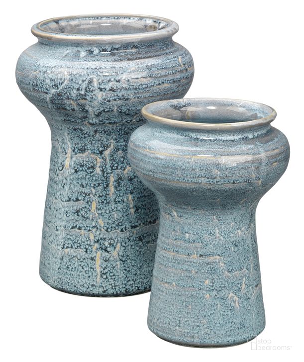 The appearance of Snorkel Vases in Blue Reactive Glaze (Set of 2) designed by Jamie Young Company in the coastal interior design. This blue piece of furniture  was selected by 1StopBedrooms from Snorkel Collection to add a touch of cosiness and style into your home. Sku: 7SNOR-VABL. Product Type: Vase. Image1