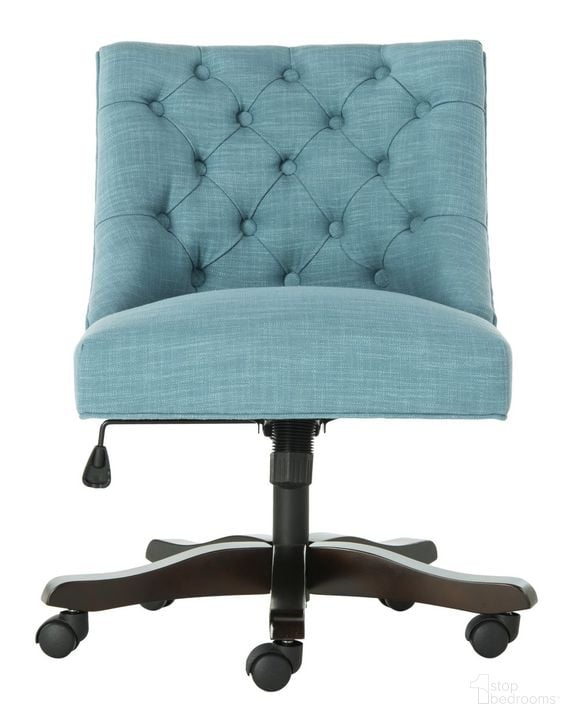 The appearance of Soho Light Blue Tufted Linen Swivel Desk Chair designed by Safavieh in the modern / contemporary interior design. This light blue piece of furniture  was selected by 1StopBedrooms from Soho Collection to add a touch of cosiness and style into your home. Sku: MCR1030E. Material: Wood. Product Type: Desk Chair. Image1
