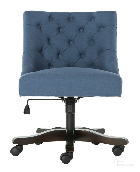 The appearance of Soho Navy Tufted Linen Swivel Desk Chair designed by Safavieh in the modern / contemporary interior design. This navy piece of furniture  was selected by 1StopBedrooms from Soho Collection to add a touch of cosiness and style into your home. Sku: MCR1030D. Material: Wood. Product Type: Desk Chair. Image1