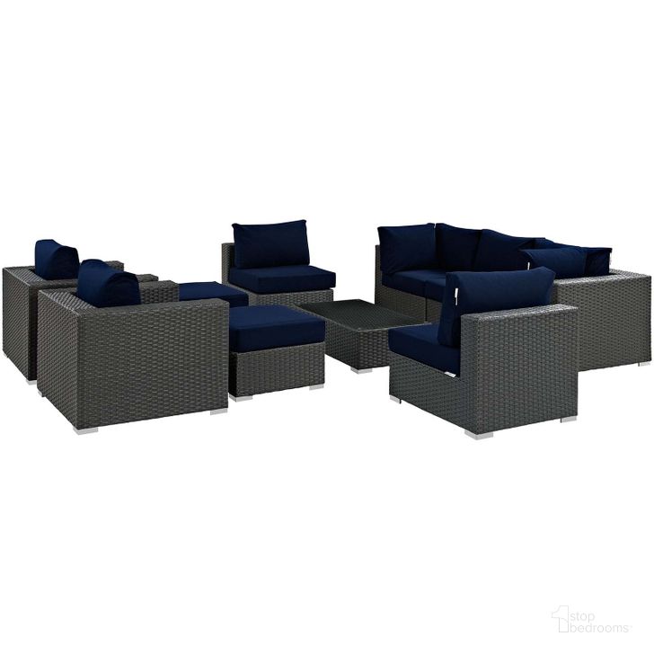 The appearance of Sojourn Canvas Navy 10 Piece Outdoor Patio Sunbrella Sectional Set designed by Modway in the modern / contemporary interior design. This canvas navy piece of furniture  was selected by 1StopBedrooms from Sojourn Collection to add a touch of cosiness and style into your home. Sku: EEI-1888-CHC-NAV-SET. Material: Rattan. Product Type: Outdoor Sectional. Image1