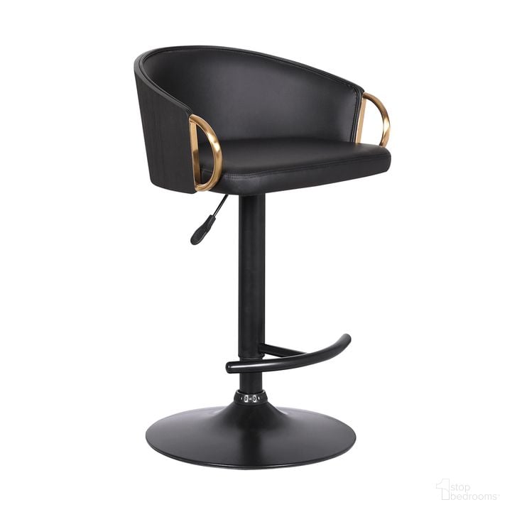 The appearance of Solstice Adjustable Black Faux Leather Swivel Barstool with Black Powder Coated Finish and Gold Accents designed by Armen Living in the modern / contemporary interior design. This black piece of furniture  was selected by 1StopBedrooms from Solstice Collection to add a touch of cosiness and style into your home. Sku: LCSCBABLBL. Material: Steel. Product Type: Barstool. Image1