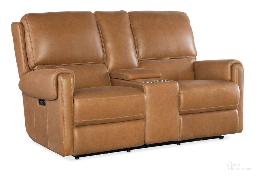 The appearance of Somers Power Console Loveseat with Power Headrest In Brown designed by Hooker in the transitional interior design. This brown piece of furniture  was selected by 1StopBedrooms from SS Collection to add a touch of cosiness and style into your home. Sku: SS718-PHZC2-080. Material: Leather. Product Type: Loveseat. Image1