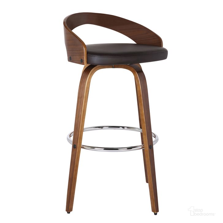 The appearance of Sonia 30 Inch Bar Height Swivel Brown Faux Leather and Walnut Wood Bar Stool designed by Armen Living in the transitional interior design. This brown piece of furniture  was selected by 1StopBedrooms from Sonia Collection to add a touch of cosiness and style into your home. Sku: LCSOBABRWA30. Material: Wood. Product Type: Barstool. Image1