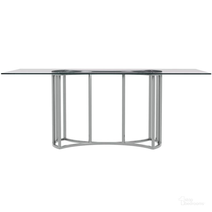 The appearance of Sophia Dining Table In Silver designed by Bassett Mirror Company in the modern / contemporary interior design. This silver piece of furniture  was selected by 1StopBedrooms from  to add a touch of cosiness and style into your home. Sku: 9705-DR-600B;0723. Table Base Style: Trestle. Material: Glass. Product Type: Dining Table. Table Top Shape: Rectangular. Image1