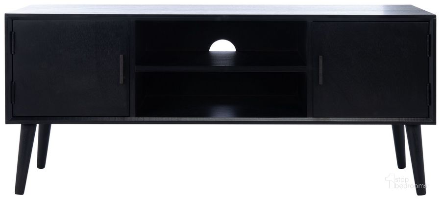The appearance of Sorrel Mid Century 2 Door 1 Shelf Media Stand in Black designed by Safavieh in the transitional interior design. This black piece of furniture  was selected by 1StopBedrooms from Sorrel Collection to add a touch of cosiness and style into your home. Sku: MED5701B. Material: Wood. Product Type: TV Stand. Image1