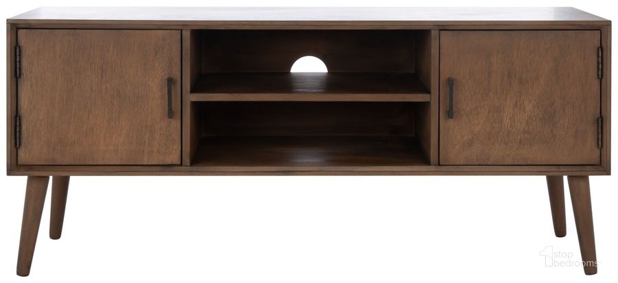 The appearance of Sorrel Mid Century 2 Door 1 Shelf Media Stand in Brown designed by Safavieh in the transitional interior design. This brown piece of furniture  was selected by 1StopBedrooms from Sorrel Collection to add a touch of cosiness and style into your home. Sku: MED5701C. Material: Wood. Product Type: TV Stand. Image1