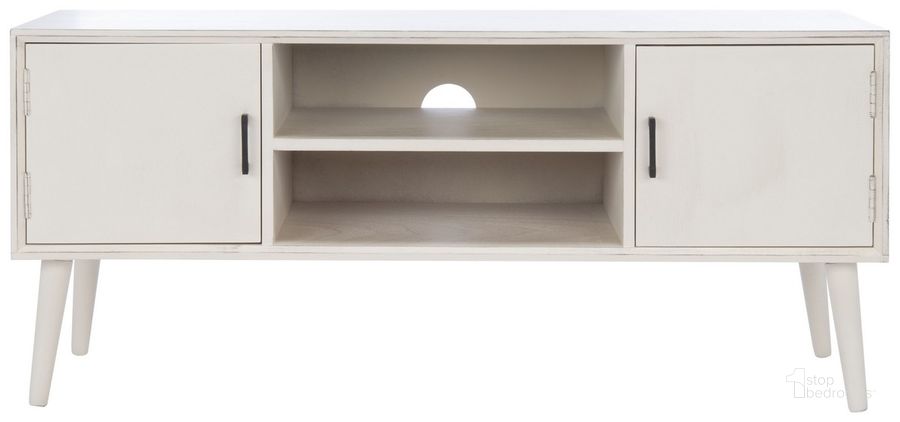The appearance of Sorrel Mid Century 2 Door 1 Shelf Media Stand in Distressed White designed by Safavieh in the transitional interior design. This distressed white piece of furniture  was selected by 1StopBedrooms from Sorrel Collection to add a touch of cosiness and style into your home. Sku: MED5701A. Material: Wood. Product Type: TV Stand. Image1