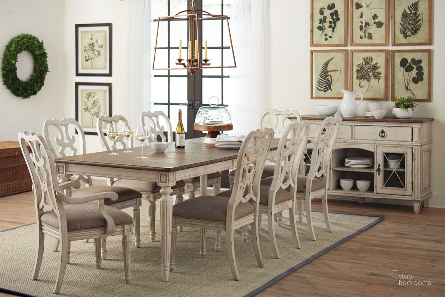 The appearance of Southbury Fossil And Parchment Extendable Rectangular Dining Room Set designed by American Drew in the transitional interior design. This white and brown piece of furniture  was selected by 1StopBedrooms from Southbury Collection to add a touch of cosiness and style into your home. Sku: 513-744;513-636. Material: Wood. Product Type: Dining Room Set. Image1