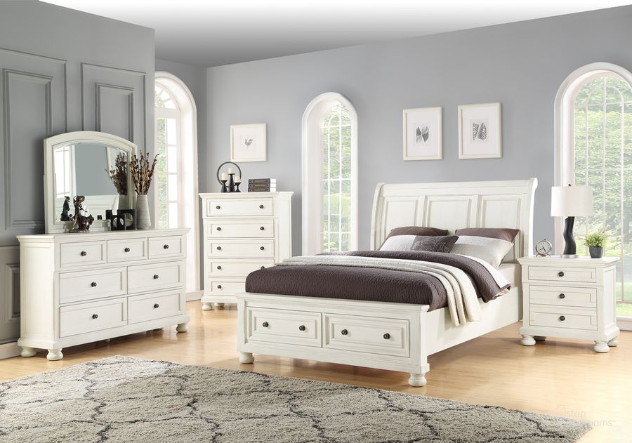 The appearance of Stella Cream White Sleigh Storage Bedroom Set designed by Avalon Furniture in the transitional interior design. This white piece of furniture  was selected by 1StopBedrooms from Stella Collection to add a touch of cosiness and style into your home. Sku: B01163 5H;B01163 5SF;B01163 56SR;B01163 N. Product Type: Bedroom Set. Bed Size: Queen. Material: Rubberwood. Image1