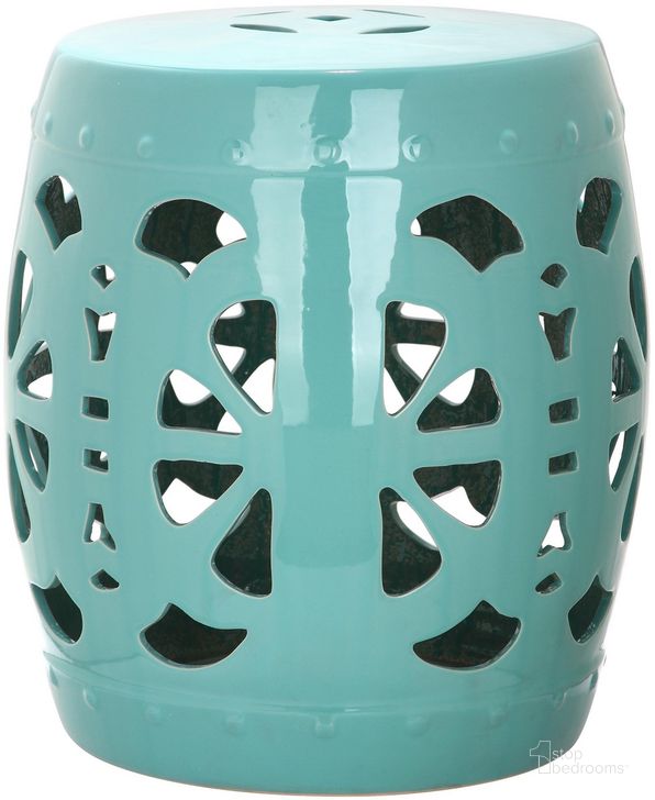 The appearance of Stencil Blossom Aqua Garden Stool designed by Safavieh in the modern / contemporary interior design. This light blue piece of furniture  was selected by 1StopBedrooms from Stencil Collection to add a touch of cosiness and style into your home. Sku: ACS4536C. Product Type: Stool. Image1
