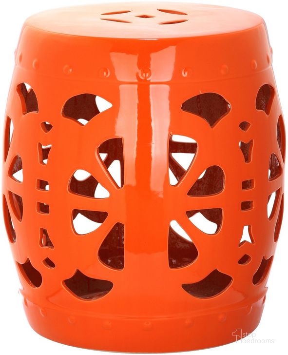 The appearance of Stencil Blossom Orange Garden Stool designed by Safavieh in the modern / contemporary interior design. This orange piece of furniture  was selected by 1StopBedrooms from Stencil Collection to add a touch of cosiness and style into your home. Sku: ACS4536D. Product Type: Stool. Image1