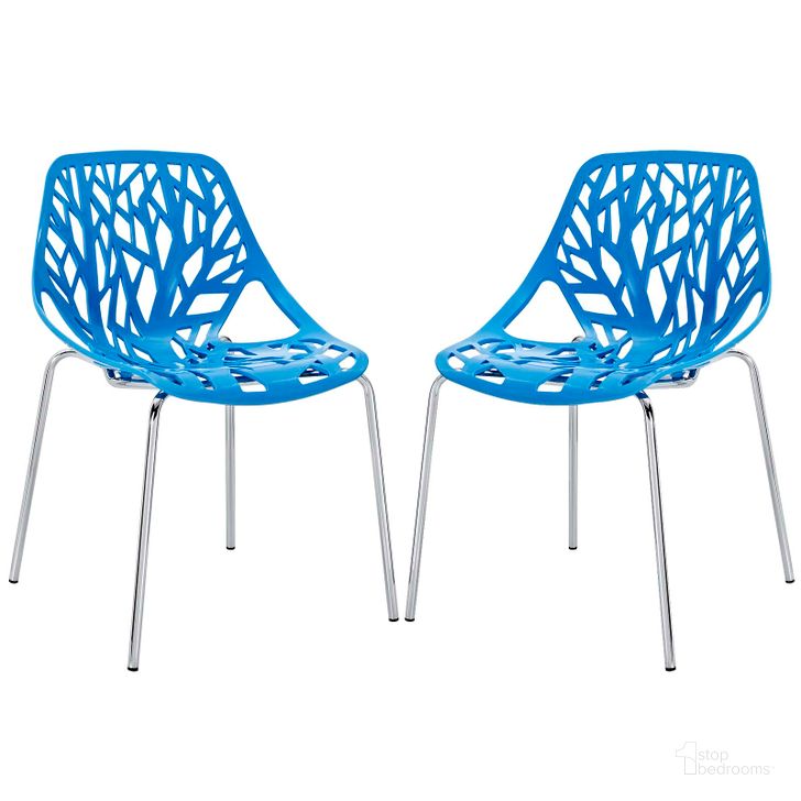 The appearance of Stencil Blue Dining Side Chair Plastic Set of 2 designed by Modway in the modern / contemporary interior design. This blue piece of furniture  was selected by 1StopBedrooms from Stencil Collection to add a touch of cosiness and style into your home. Sku: EEI-1317-BLU. Product Type: Side Chair. Material: Chrome. Image1