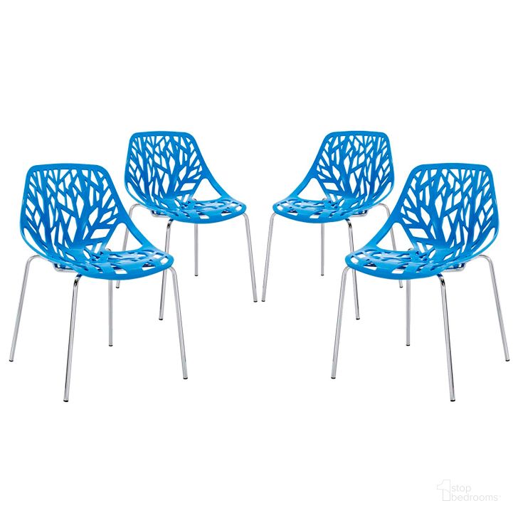 The appearance of Stencil Blue Dining Side Chair Set of 4 designed by Modway in the modern / contemporary interior design. This blue piece of furniture  was selected by 1StopBedrooms from Stencil Collection to add a touch of cosiness and style into your home. Sku: EEI-1318-BLU. Product Type: Side Chair. Material: Chrome. Image1