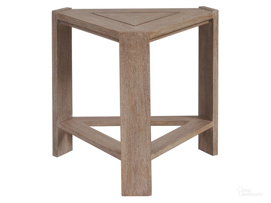 The appearance of Stillwater Cove Triangular End Table designed by Tommy Bahama in the modern / contemporary interior design. This taupe piece of furniture  was selected by 1StopBedrooms from Stillwater Cove Collection to add a touch of cosiness and style into your home. Sku: 01-3450-951. Product Type: Outdoor Table. Image1