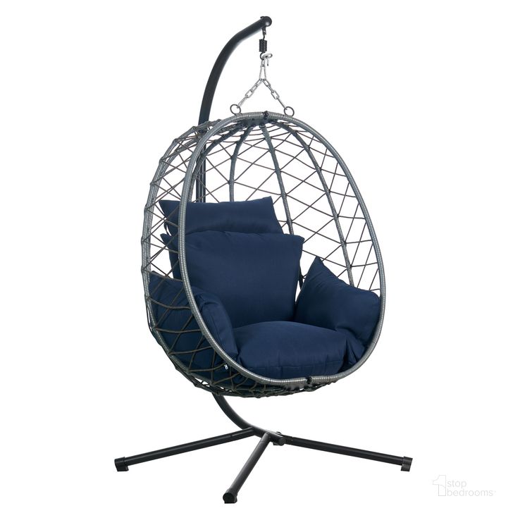 The appearance of Summit Outdoor Single Person Egg Swing Chair In Blue designed by LeisureMod in the transitional interior design. This blue piece of furniture  was selected by 1StopBedrooms from Summit Collection to add a touch of cosiness and style into your home. Sku: SSCGR-35BU. Material: Polyester. Product Type: Outdoor Chair. Image1