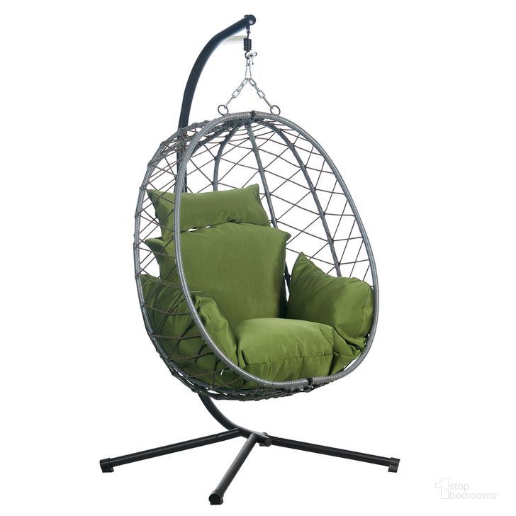 The appearance of Summit Outdoor Single Person Egg Swing Chair In Dark Green designed by LeisureMod in the transitional interior design. This dark green piece of furniture  was selected by 1StopBedrooms from Summit Collection to add a touch of cosiness and style into your home. Sku: SSCGR-35DG. Material: Polyester. Product Type: Outdoor Chair. Image1