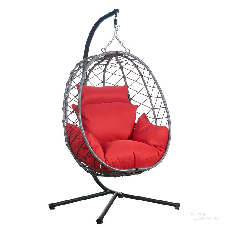The appearance of Summit Outdoor Single Person Egg Swing Chair In Red designed by LeisureMod in the transitional interior design. This red piece of furniture  was selected by 1StopBedrooms from Summit Collection to add a touch of cosiness and style into your home. Sku: SSCGR-35R. Material: Polyester. Product Type: Outdoor Chair. Image1