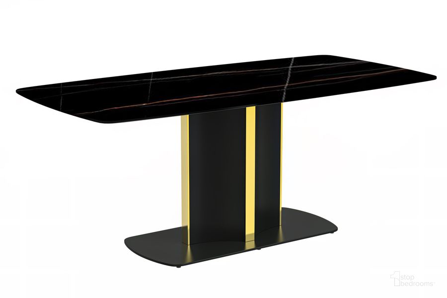 The appearance of Sylva 55 Inch Dining Table In Black and Gold designed by LeisureMod in the modern / contemporary interior design. This black/gold piece of furniture  was selected by 1StopBedrooms from Sylva Collection to add a touch of cosiness and style into your home. Sku: STBLG-55BLG-S. Table Base Style: Pedestal. Material: Steel. Product Type: Dining Table. Table Top Shape: Rectangular. Size: 55". Image1