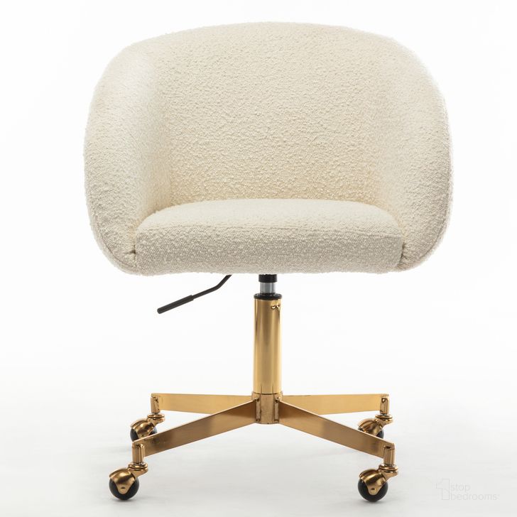 The appearance of Sylvan Boucle Swivel Rolling Task Chair In White and Gold designed by Aeons in the  interior design. This white and gold piece of furniture  was selected by 1StopBedrooms from  to add a touch of cosiness and style into your home. Sku: AE8730-White. Product Type: Swivel Chair. Material: Plywood. Image1