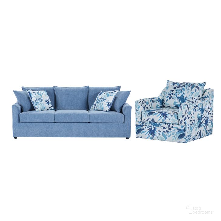 The appearance of Sylvie 2 Piece Sofa and Swivel Chair In Blue and White designed by New Classic in the transitional interior design. This blue and white piece of furniture  was selected by 1StopBedrooms from Sylvie Collection to add a touch of cosiness and style into your home. Sku: U1270-30-BLU;U1270-12-BFP. Material: Fabric. Product Type: Living Room Chair. Image1