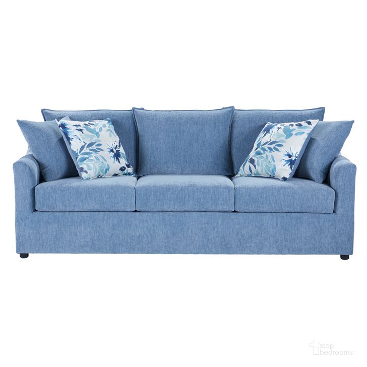 The appearance of Sylvie Sofa with 4 Accent Pillows In Slate Blue designed by New Classic in the transitional interior design. This slate blue piece of furniture  was selected by 1StopBedrooms from Sylvie Collection to add a touch of cosiness and style into your home. Sku: U1270-30-BLU. Material: Fabric. Product Type: Sofa. Image1