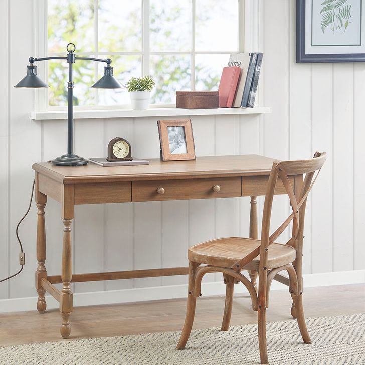 The appearance of Tabitha Solid Wood Desk with 1 Drawer and Turned Legs In Natural designed by Olliix in the country / farmhouse interior design. This natural piece of furniture  was selected by 1StopBedrooms from Tabitha Collection to add a touch of cosiness and style into your home. Sku: MT122-0145. Product Type: Desk. Material: Wood Veneer. Image1