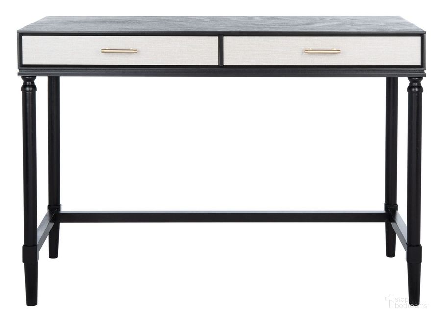 The appearance of Takita 2 Drawer 2 Tone Desk in Black designed by Safavieh in the modern / contemporary interior design. This black piece of furniture  was selected by 1StopBedrooms from Takita Collection to add a touch of cosiness and style into your home. Sku: DSK5703A. Material: Wood. Product Type: Desk. Image1