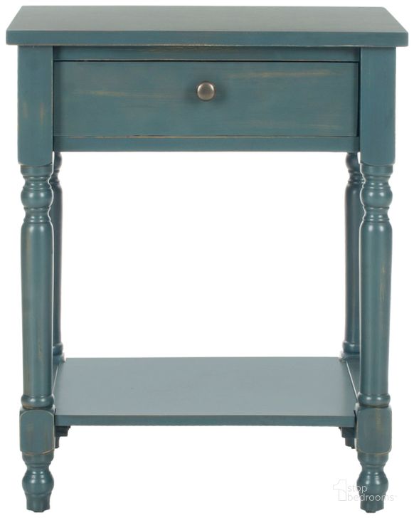The appearance of Tami Steel Teal End Table with Storage Drawer designed by Safavieh in the country / farmhouse interior design. This dark teal piece of furniture  was selected by 1StopBedrooms from Tami Collection to add a touch of cosiness and style into your home. Sku: AMH6604C. Material: Wood. Product Type: Nightstand. Image1