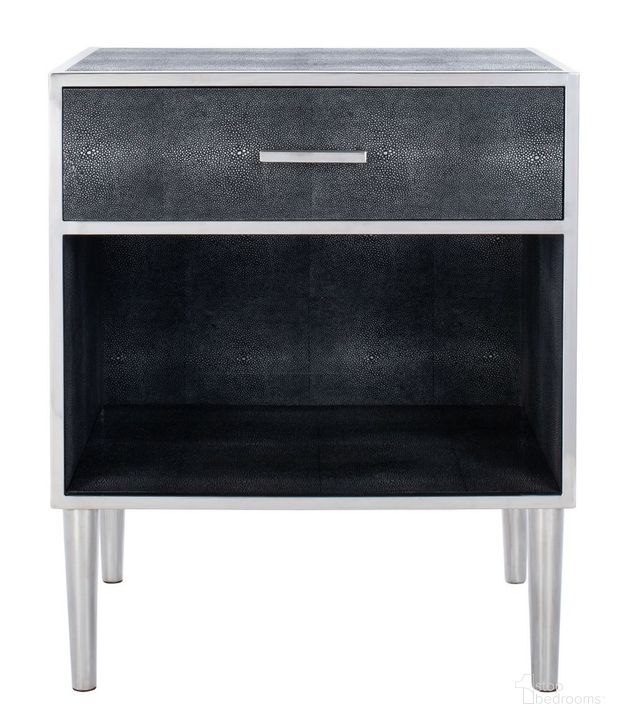 The appearance of Tammy Faux Shagreen Nightstand In Black And Silver designed by Safavieh Couture in the modern / contemporary interior design. This silver piece of furniture  was selected by 1StopBedrooms from Tammy Collection to add a touch of cosiness and style into your home. Sku: SFV1532A. Material: Wood. Product Type: Nightstand. Image1