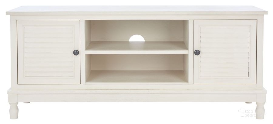 The appearance of Tate 2 Door 1 Shelf Media Stand in Distressed White designed by Safavieh in the modern / contemporary interior design. This distressed white piece of furniture  was selected by 1StopBedrooms from Tate Collection to add a touch of cosiness and style into your home. Sku: MED5708A. Material: Wood. Product Type: Media Unit. Image1