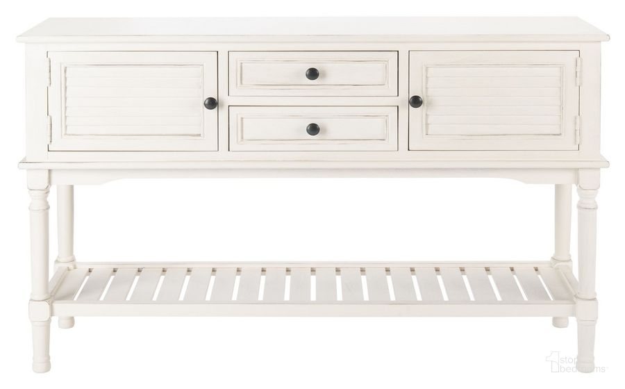 The appearance of Tate 2Drw 2 Door Console Table in Distressed White designed by Safavieh in the modern / contemporary interior design. This distressed white piece of furniture  was selected by 1StopBedrooms from Tate Collection to add a touch of cosiness and style into your home. Sku: CNS5722A. Material: Wood. Product Type: Console Table. Image1