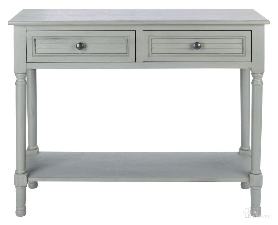 The appearance of Tate 2Drw Console Table in Distressed Grey designed by Safavieh in the modern / contemporary interior design. This distressed grey piece of furniture  was selected by 1StopBedrooms from Tate Collection to add a touch of cosiness and style into your home. Sku: CNS5720C. Material: Wood. Product Type: Console Table. Image1