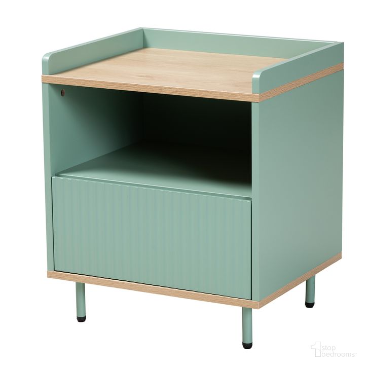 The appearance of Tavita Two Tone Wood 1 Drawer End Table In Oak Brown and Mint Green designed by Baxton Studio in the transitional interior design. This brown and green piece of furniture  was selected by 1StopBedrooms from Tavita Collection to add a touch of cosiness and style into your home. Sku: LCF20170-Mint Green/ET. Product Type: End Table. Material: MDF. Image1