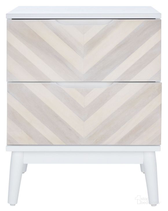 The appearance of Tay 2 Drawer Patterned Night Stand in White Wash designed by Safavieh in the transitional interior design. This white wash piece of furniture  was selected by 1StopBedrooms from Tay Collection to add a touch of cosiness and style into your home. Sku: NST5011A. Material: Wood. Product Type: Nightstand. Image1