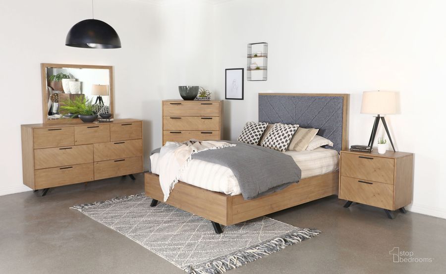 The appearance of Taylor Light Honey Brown And Grey Upholstered Panel Bedroom Set designed by Coaster in the modern / contemporary interior design. This brown and gray piece of furniture  was selected by 1StopBedrooms from Taylor Collection to add a touch of cosiness and style into your home. Sku: 223421QB1;223421QB2;223421QB3;223422. Product Type: Bedroom Set. Bed Size: Queen. Material: MDF. Image1