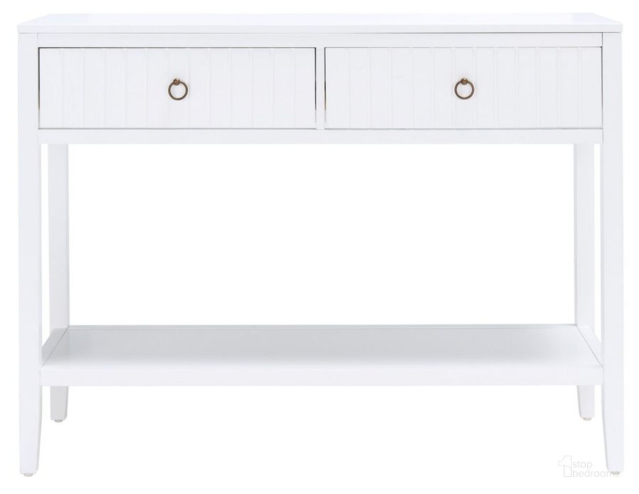 The appearance of Tegan 2 Drawer Console Table in White designed by Safavieh in the modern / contemporary interior design. This white piece of furniture  was selected by 1StopBedrooms from Tegan Collection to add a touch of cosiness and style into your home. Sku: CNS5001A. Material: Wood. Product Type: Console Table. Image1