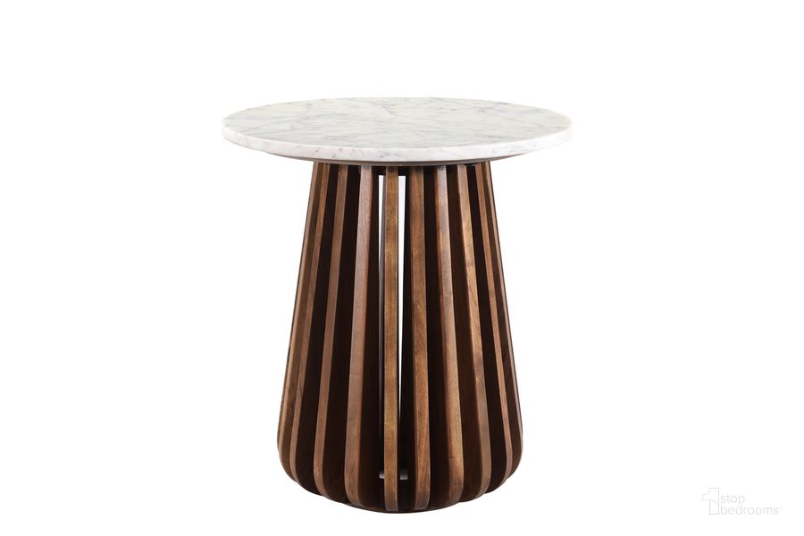 The appearance of Tera Round Marble Side Table In Walnut designed by Aeons in the  interior design. This walnut piece of furniture  was selected by 1StopBedrooms from Tera Collection to add a touch of cosiness and style into your home. Sku: AEBC-RS3018-Marble-Top;AEBC-RS3018-Base. Material: Wood. Product Type: Side Table. Image1