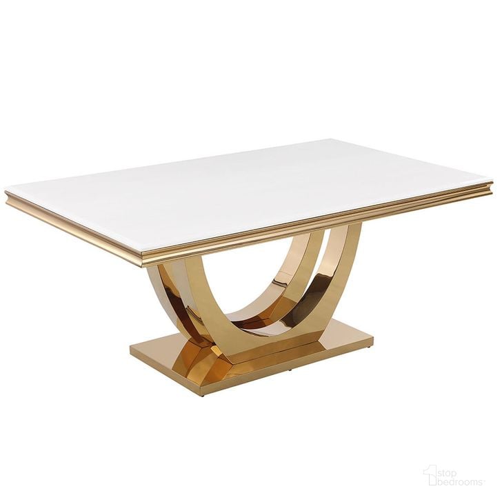 The appearance of Terracotta Faux Marble Pedestal Dining Table In Gold designed by Best Master Furniture in the modern / contemporary interior design. This gold piece of furniture  was selected by 1StopBedrooms from Terracotta Collection to add a touch of cosiness and style into your home. Sku: T8403GT. Table Base Style: Pedestal. Material: Marble. Product Type: Dining Table. Table Top Shape: Rectangular. Image1