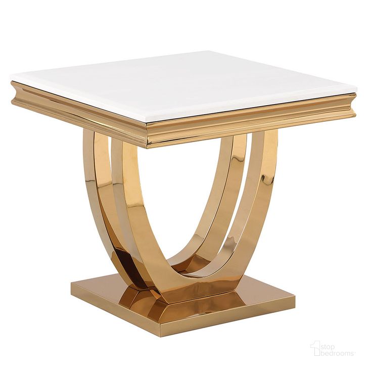 The appearance of Terracotta Square Faux Marble End Table In Gold designed by Best Master Furniture in the modern / contemporary interior design. This gold piece of furniture  was selected by 1StopBedrooms from Terracotta Collection to add a touch of cosiness and style into your home. Sku: T8403GE. Material: Marble. Product Type: End Table. Image1