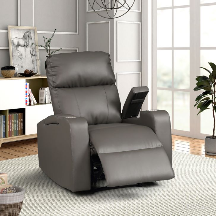 The appearance of Terry Modern Upholstered Faux Leather Power Recliner Chair In Grey designed by AC Pacific in the modern / contemporary interior design. This grey piece of furniture  was selected by 1StopBedrooms from  to add a touch of cosiness and style into your home. Sku: TERRY-1663-GREY. Material: Metal. Product Type: Reclining Chair. Image1