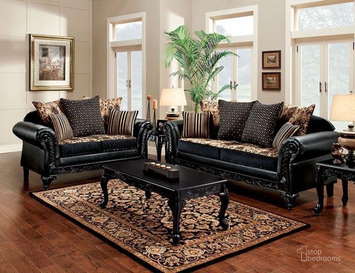 The appearance of Theodora Tan And Black Living Room Set designed by Furniture of America in the traditional interior design. This black and brown piece of furniture  was selected by 1StopBedrooms from Theodora Collection to add a touch of cosiness and style into your home. Sku: SM7505N-SF;SM7505N-LV. Material: Wood. Product Type: Living Room Set. Image1
