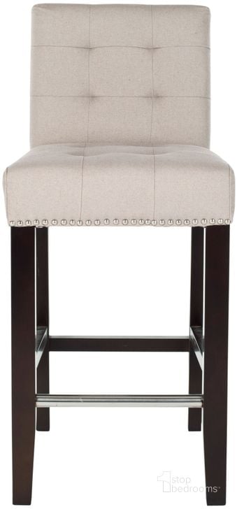 The appearance of Thompson Taupe and Espresso 23.9 Inch Linen Counter Stool with Silver Nailheads designed by Safavieh in the transitional interior design. This taupe piece of furniture  was selected by 1StopBedrooms from Thompson Collection to add a touch of cosiness and style into your home. Sku: MCR4511B. Product Type: Barstool. Material: Stainless Steel. Image1