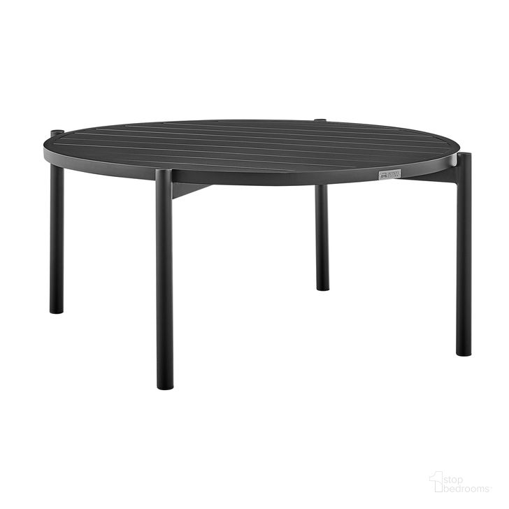 The appearance of Tiffany Outdoor Patio Round Coffee Table In Black Aluminum designed by Armen Living in the modern / contemporary interior design. This black piece of furniture  was selected by 1StopBedrooms from Tiffany Collection to add a touch of cosiness and style into your home. Sku: 840254332577. Material: Aluminum. Product Type: Outdoor Table. Image1
