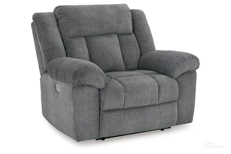 The appearance of Tip-Off Power Recliner In Slate designed by Signature Design by Ashley in the transitional interior design. This slate piece of furniture  was selected by 1StopBedrooms from Tip-Off Collection to add a touch of cosiness and style into your home. Sku: 6930482. Material: Fabric. Product Type: Recliner. Image1