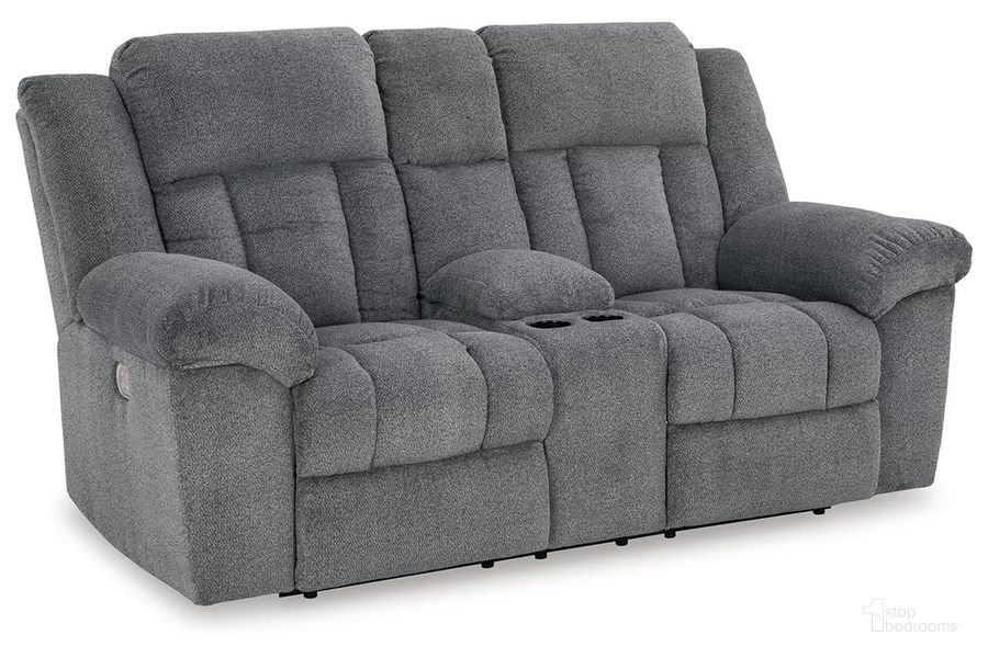 The appearance of Tip-Off Power Reclining Loveseat In Slate designed by Signature Design by Ashley in the transitional interior design. This slate piece of furniture  was selected by 1StopBedrooms from Tip-Off Collection to add a touch of cosiness and style into your home. Sku: 6930418. Material: Fabric. Product Type: Reclining Loveseat. Image1