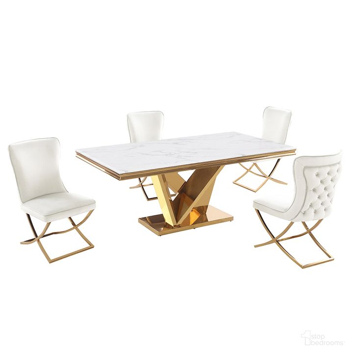 The appearance of Titan Faux Marble 5-Piece Dining Set In Beige and Gold designed by Best Master Furniture in the modern / contemporary interior design. This gold and beige piece of furniture  was selected by 1StopBedrooms from Titan Collection to add a touch of cosiness and style into your home. Sku: T134BEG5. Material: Marble. Product Type: Dining Room Set. Image1