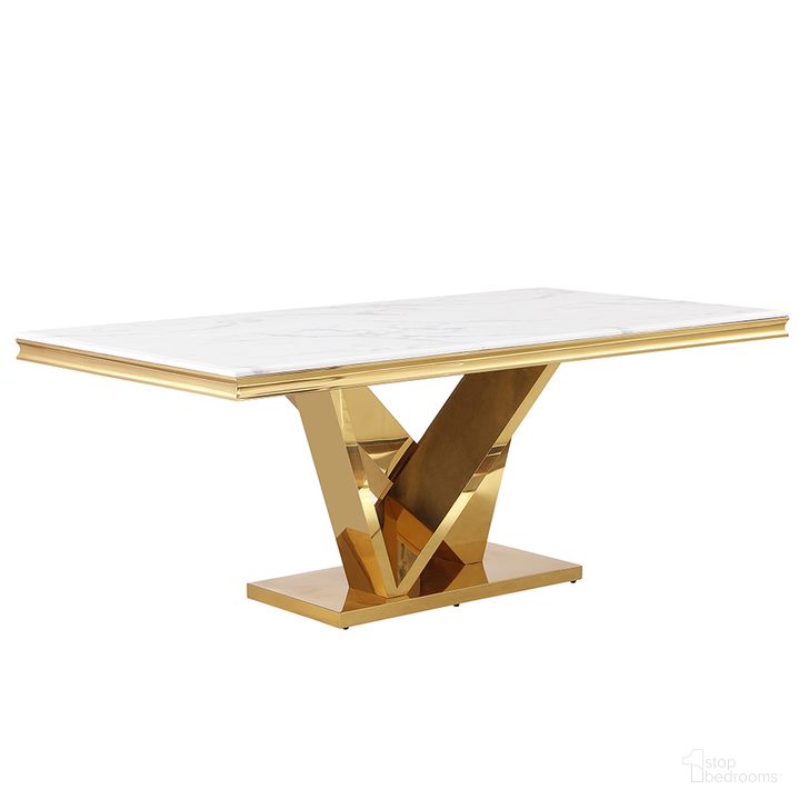 The appearance of Titan Faux Marble Pedestal Dining Table In Gold designed by Best Master Furniture in the modern / contemporary interior design. This gold piece of furniture  was selected by 1StopBedrooms from Titan Collection to add a touch of cosiness and style into your home. Sku: T134GT. Table Base Style: Pedestal. Material: Marble. Product Type: Dining Table. Table Top Shape: Rectangular. Size: 78". Image1