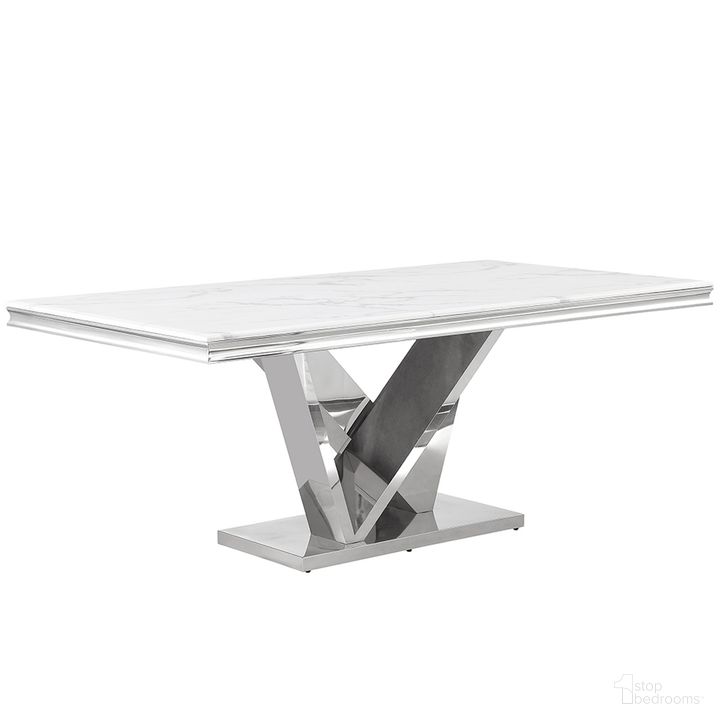 The appearance of Titan Faux Marble Pedestal Dining Table In Silver designed by Best Master Furniture in the modern / contemporary interior design. This silver piece of furniture  was selected by 1StopBedrooms from Titan Collection to add a touch of cosiness and style into your home. Sku: T134ST. Table Base Style: Pedestal. Product Type: Dining Table. Table Top Shape: Rectangular. Material: Velvet. Size: 78". Image1